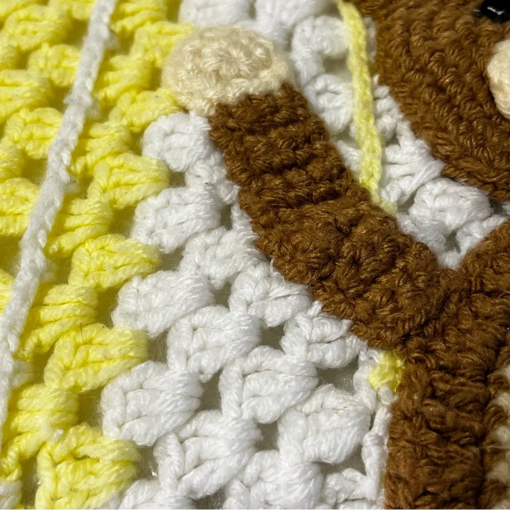 VTG Handmade Crochet Granny Square Teddy Bear and Balloons Baby Blanket Afghan